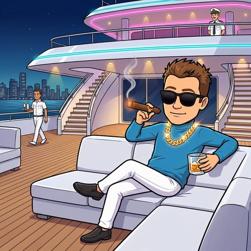 Bjarne Brun as a cartoon: sunglasses, gold chain and blue sweater, relaxing with a cigar and a whisky on a superyacht deck at night, Miami skyline behind